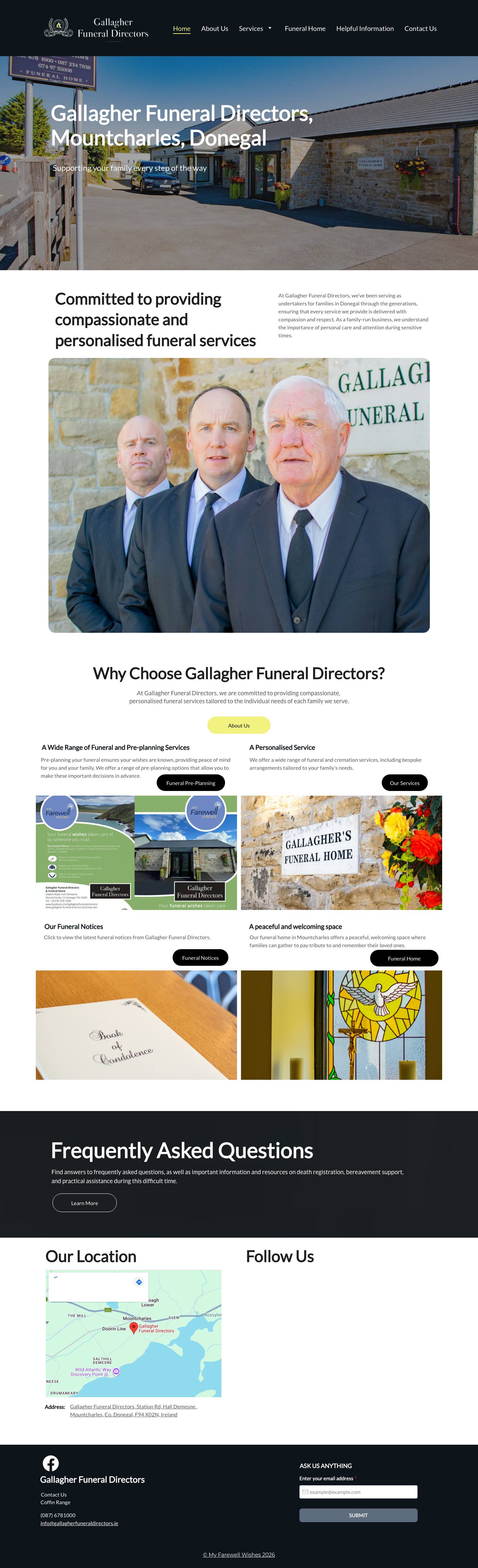 Full homepage of the Gallagher Funeral Directors website, scrollable — the Mountcharles funeral home, services and helpful information