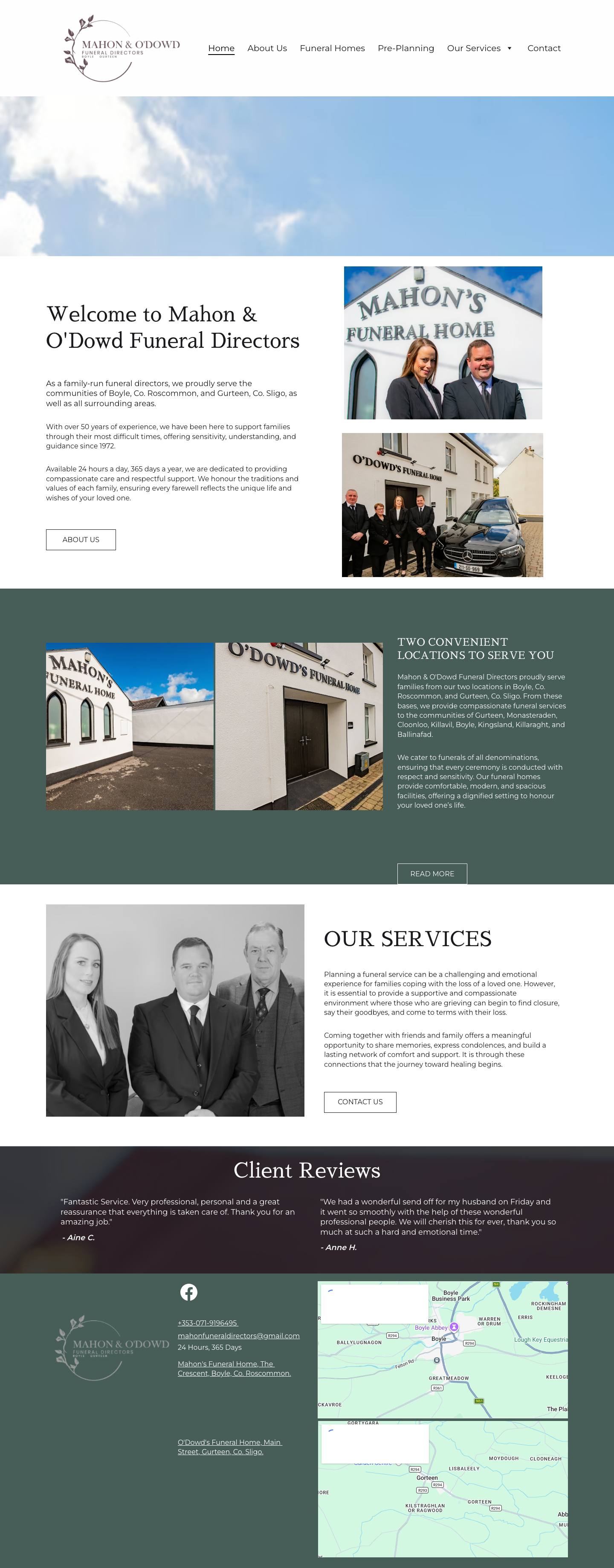 Full homepage of the Mahon & O'Dowd Funeral Directors website, scrollable — the funeral home exterior, welcome section and 24-hour contact details