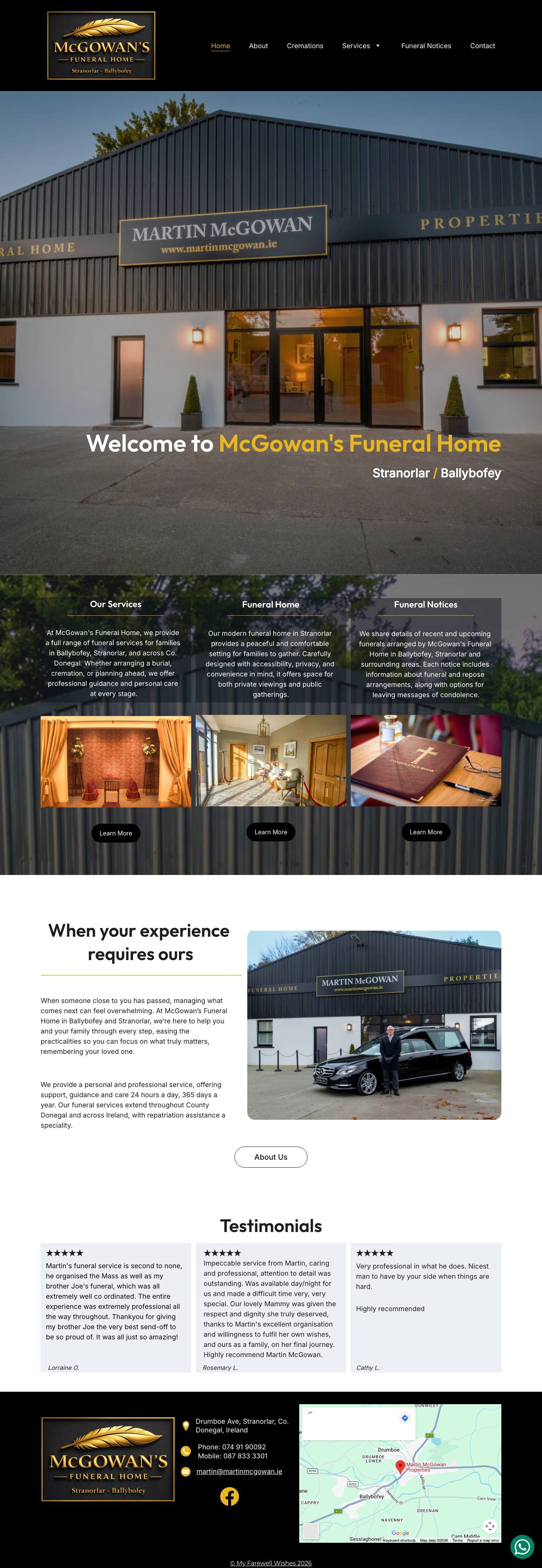 Full homepage of the McGowan's Funeral Home website, scrollable — the premises at dusk, services and funeral notices